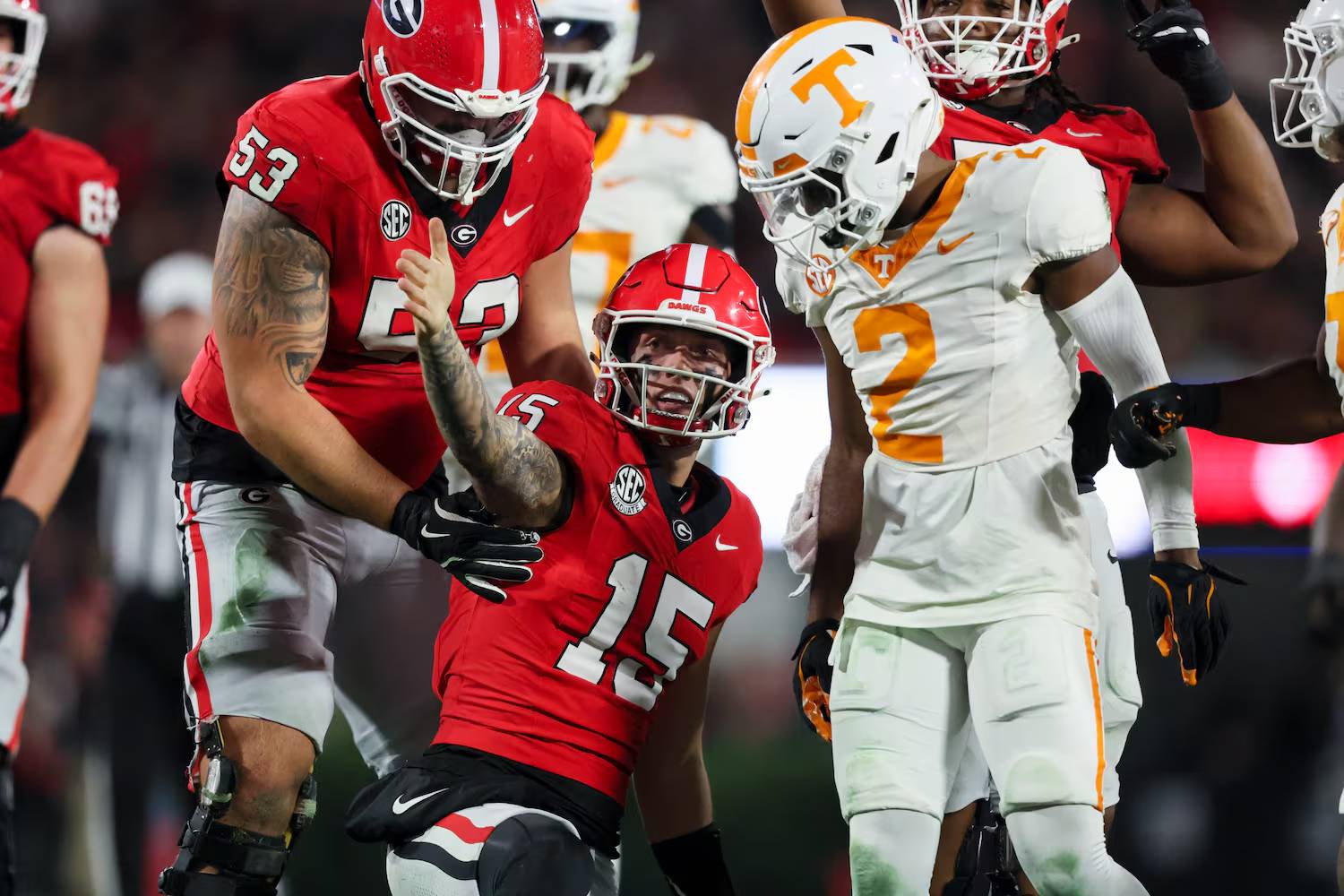 Georgia quarterback Carson Beck (15) celebrates a first down in a game against Tennessee.