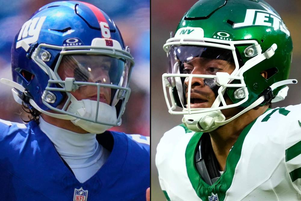 Giants QB Jaxson Dart and Jets QB Justin Fields