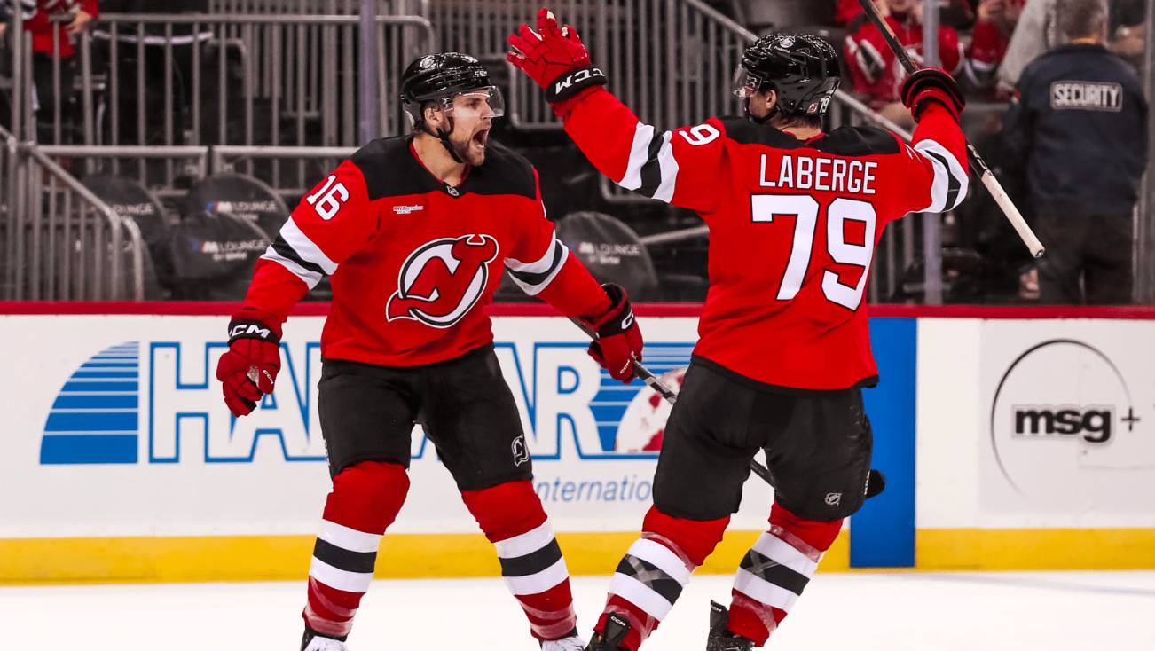 NJ Devils after scoring against NY Rangers