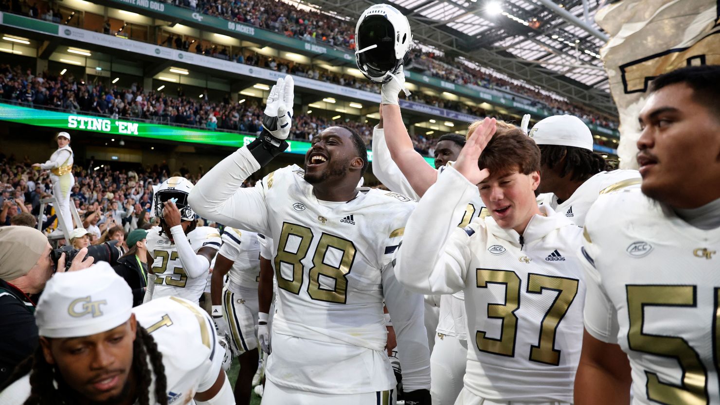 Georgia Tech players celebrate after defeating Florida State