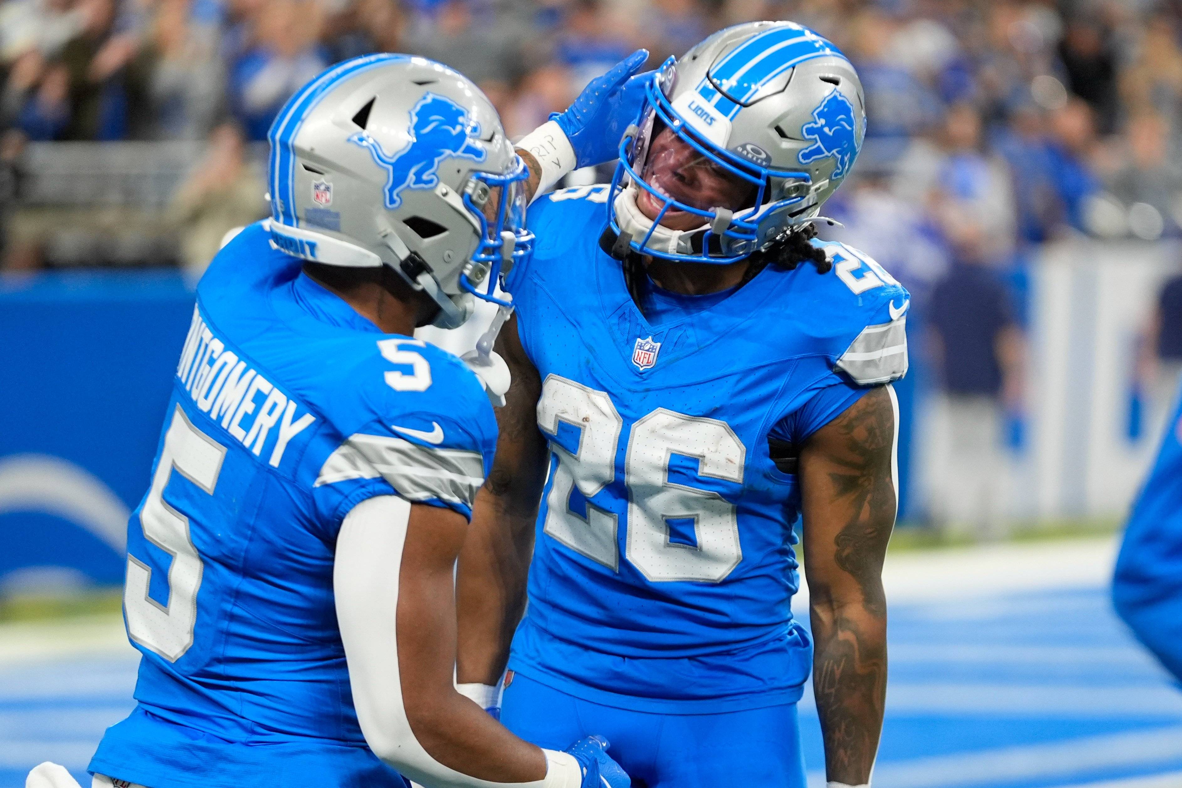 David Montgomery (left) and Jahmyr Gibbs (right) have become known as "Sonic and Knuckles" for their mix of speed and power in Detroit's backfield.