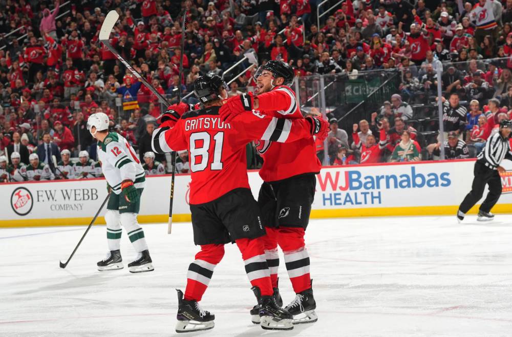 Arseny Gritsyuk, Timo Meier Celebrate Devils Goal