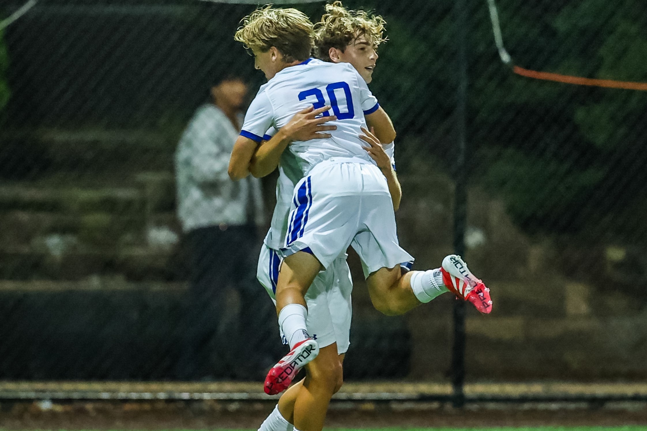 Til Kaushke celebrating goal with Giacomo Mana in Seton Hall Pirates 2-0 win against Lafayette Leopards