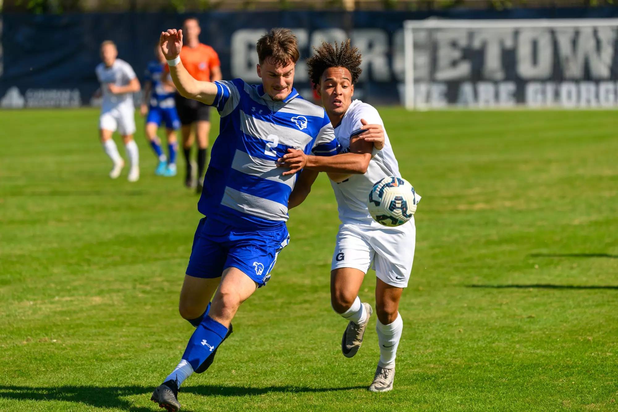 Rikard Cederburg (2) battling with Zach Zengue (19) in the Pirates' 2-0 loss to Georgetown.