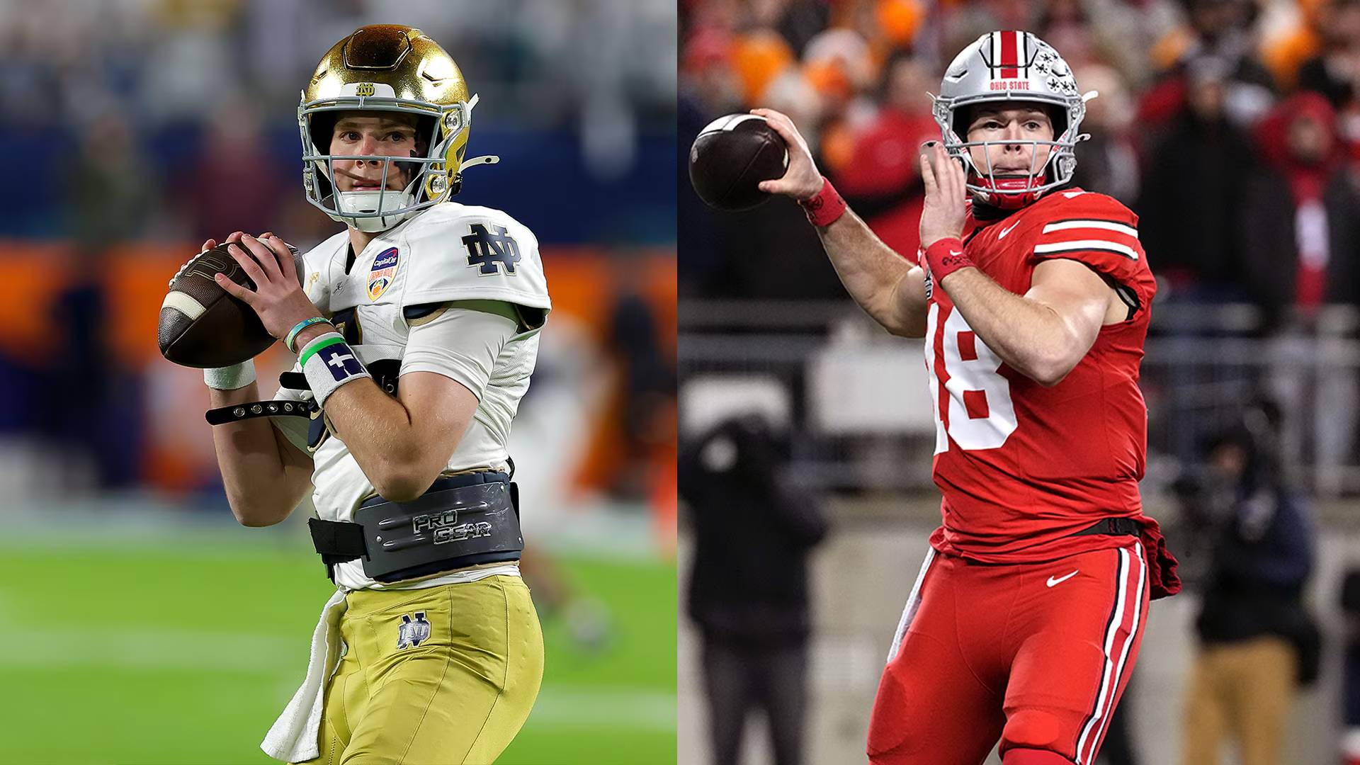 Notre Dame's Riley Leonard (left) and Ohio State's Will Howard (right) will face off on Monday evening.