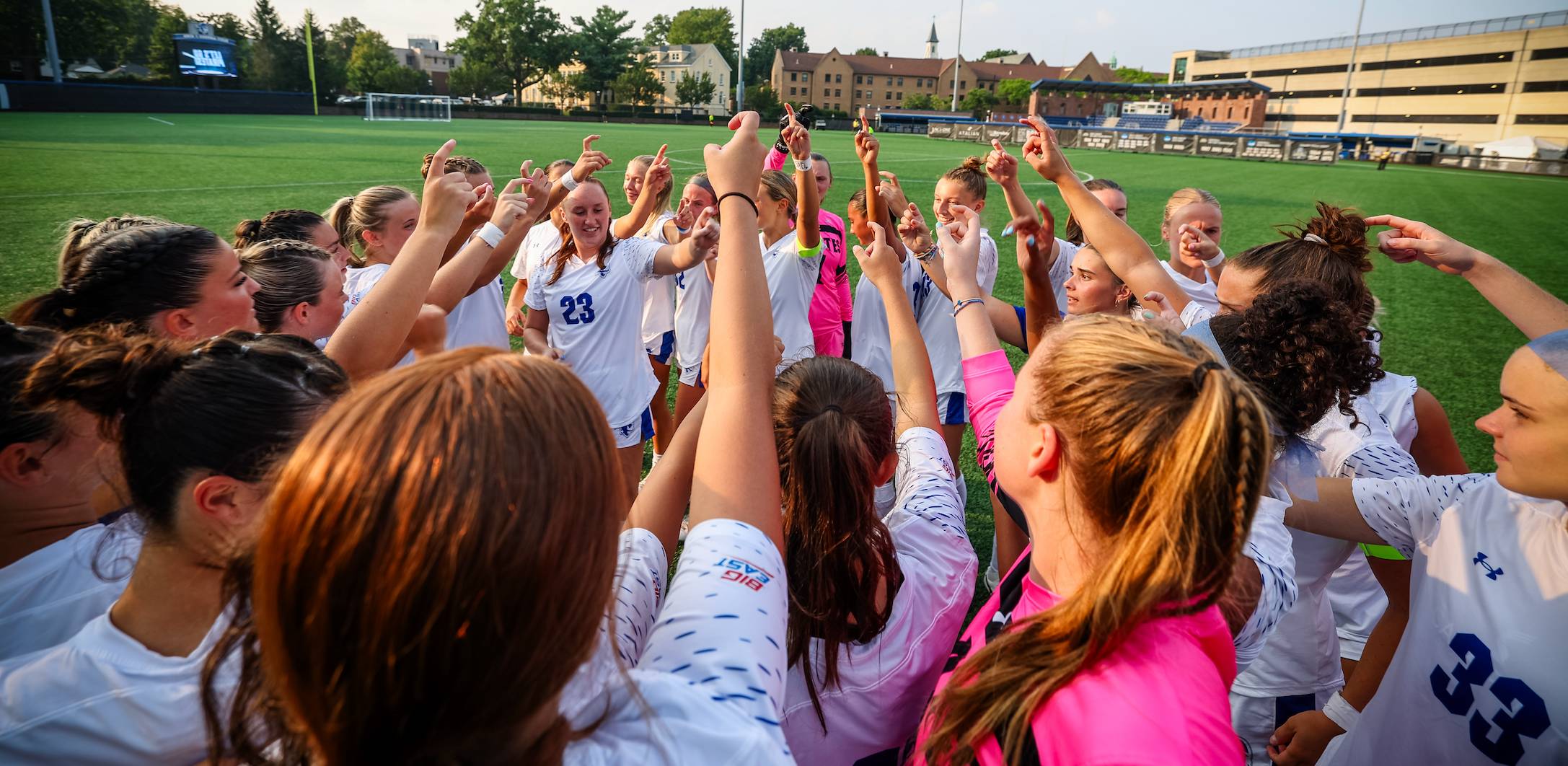 Seton Hall Women's Soccer in a Huddle