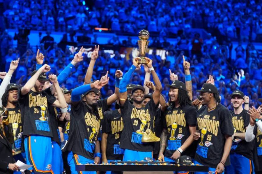 The Oklahoma City Thunder celebrate their first championship in franchise history.