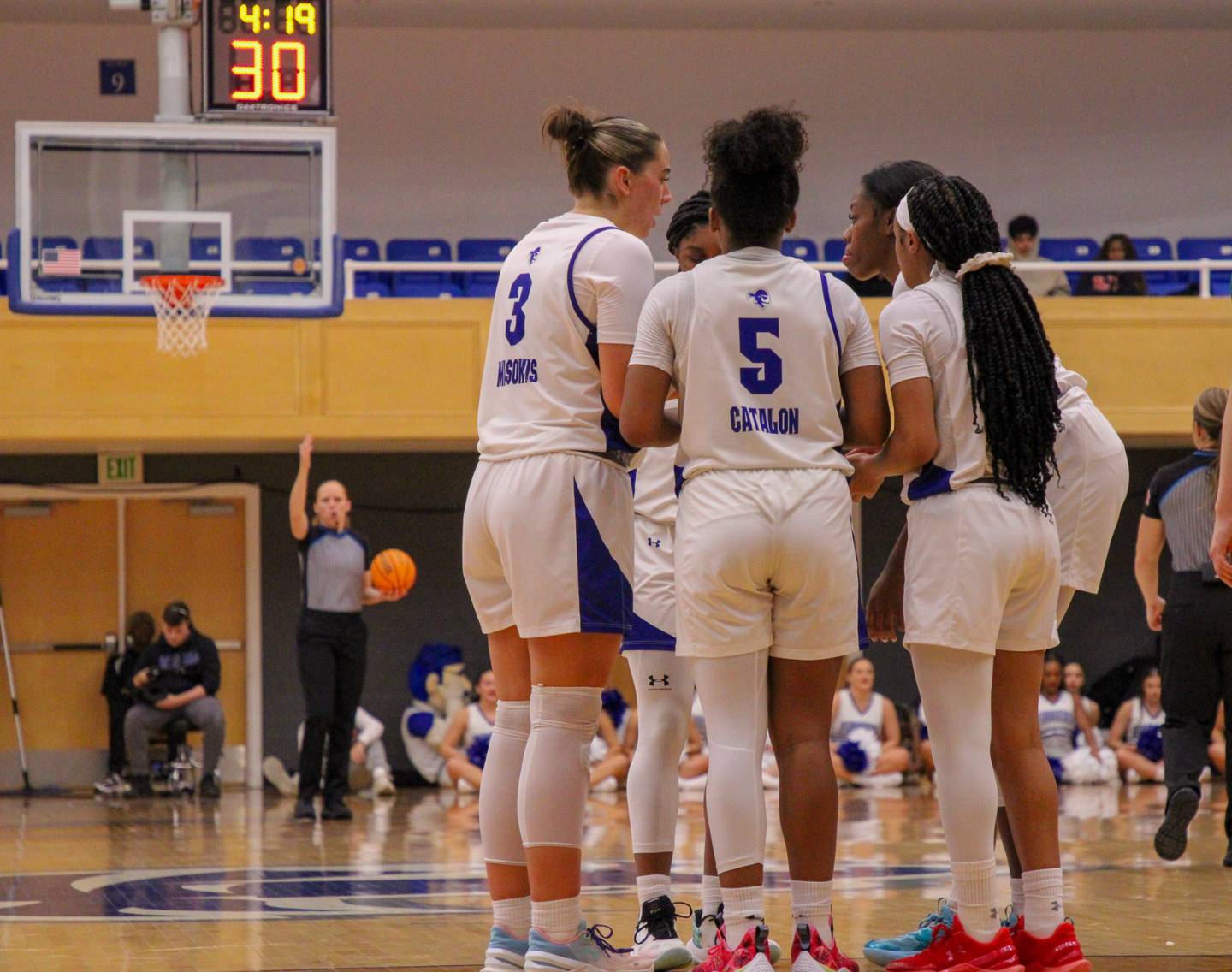 Women's basketball team in a huddle