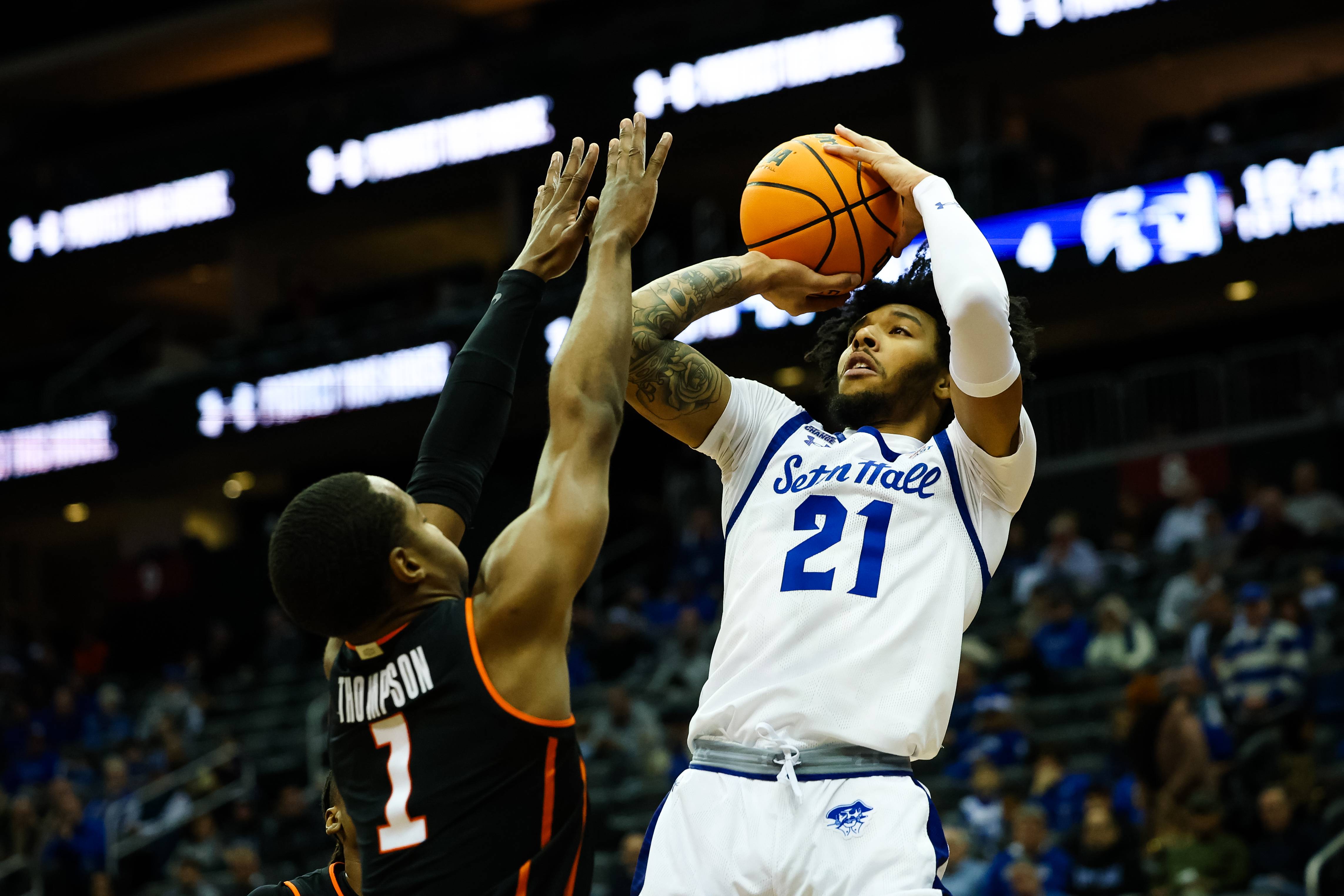 Isaiah Coleman (right) led the Pirates with 18 points in the loss to Oklahoma State.